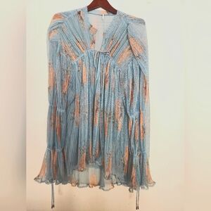 Free People Dahlia Sky Blue Coral Floral Blouse Sheer Tunic, Size Medium
